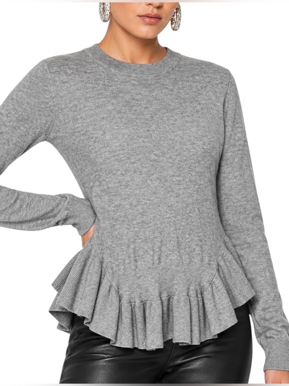 Lovemarks Anthropologie Gray Ruffle Peplum Hem Knit Sweater Size L